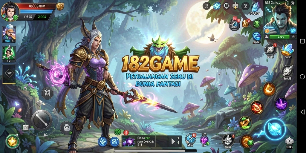 Screenshot utama 182GAME menampilkan karakter dalam misi petualangan.