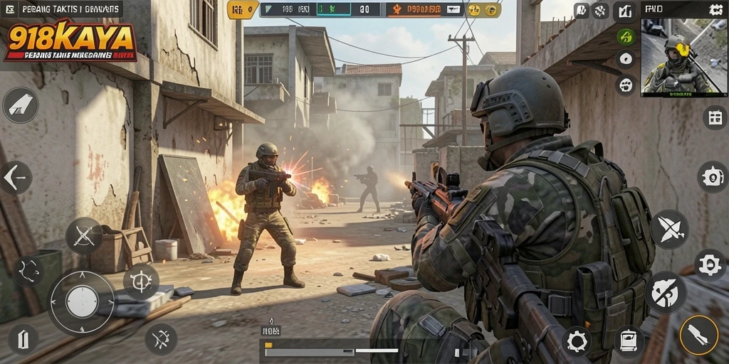 Screenshot gameplay <strong>918KAYA</strong> yang menunjukkan aksi tembak-menembak intens.