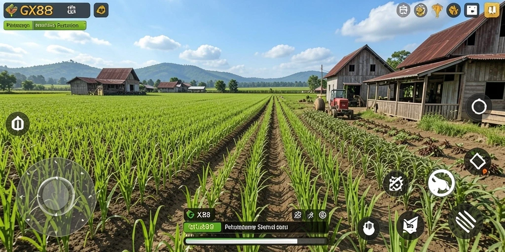 Tangkapan layar GX88 menampilkan aktivitas seru di ladang dengan tanaman dan hewan.