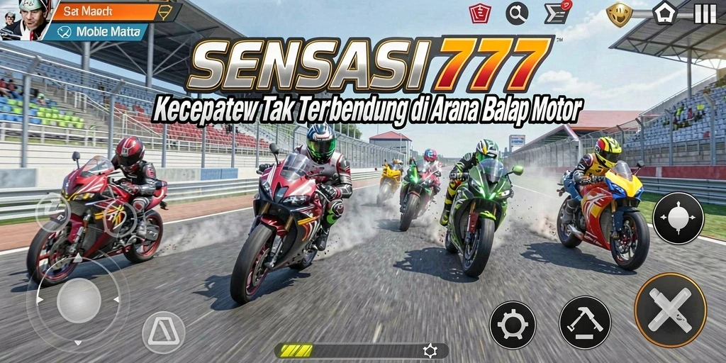 Tampilan gameplay menegangkan dari SENSASI777 dengan motor balap yang mengesankan.