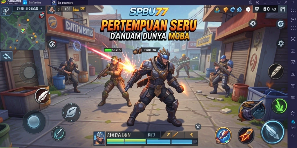 Tampilan gameplay seru dalam pertempuran MOBA SPBU77.