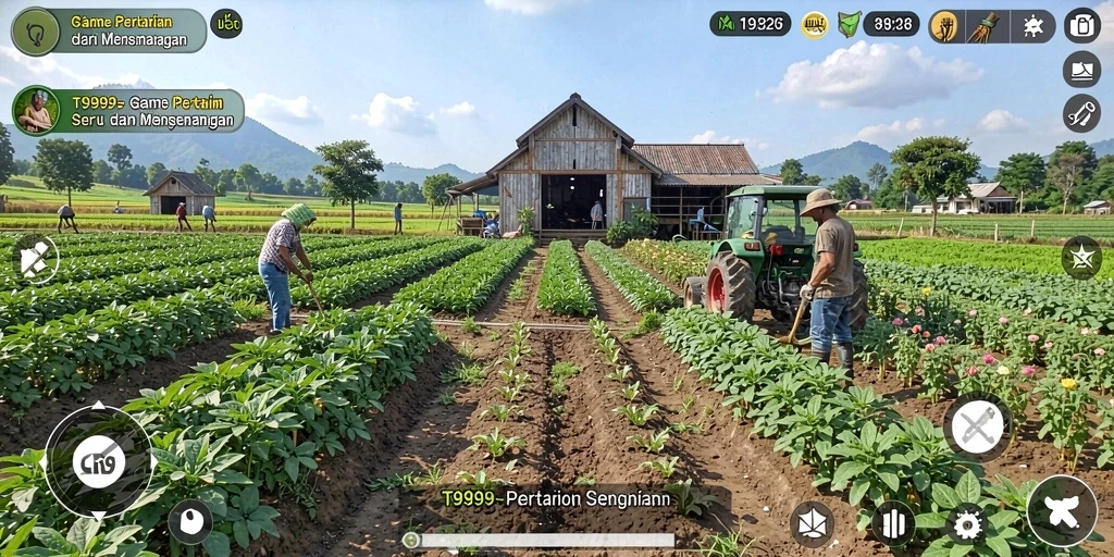 Tampilan gameplay menarik di T9999 dengan aktivitas bertani yang seru.